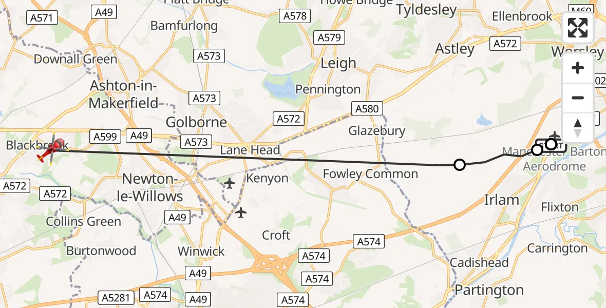 Flight route Air Ambulance Helicopter Manchester Barton Aerodrome - St Helens, 17 June 2026, 15:09