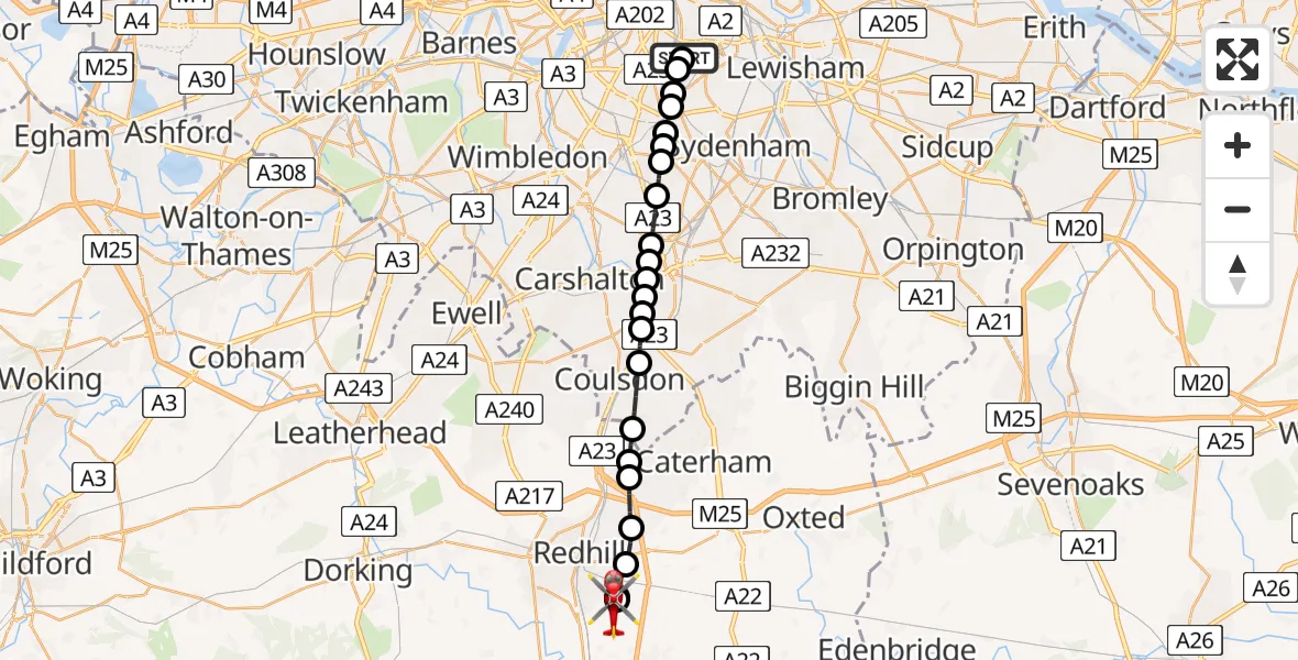 Flight route Air Ambulance Helicopter Kings College London Hospital - Redhill Aerodrome, 17 June 2026, 15:13
