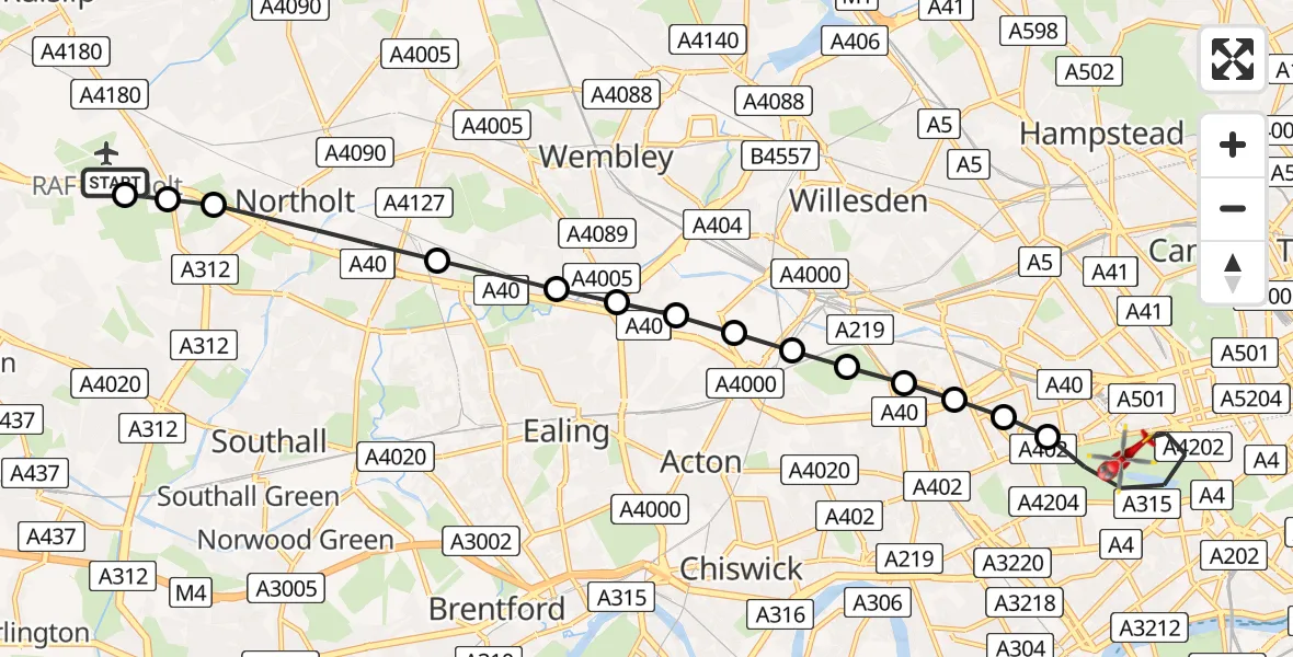 Flight route Air Ambulance Helicopter RAF Northolt - City of Westminster, 17 June 2026, 15:14