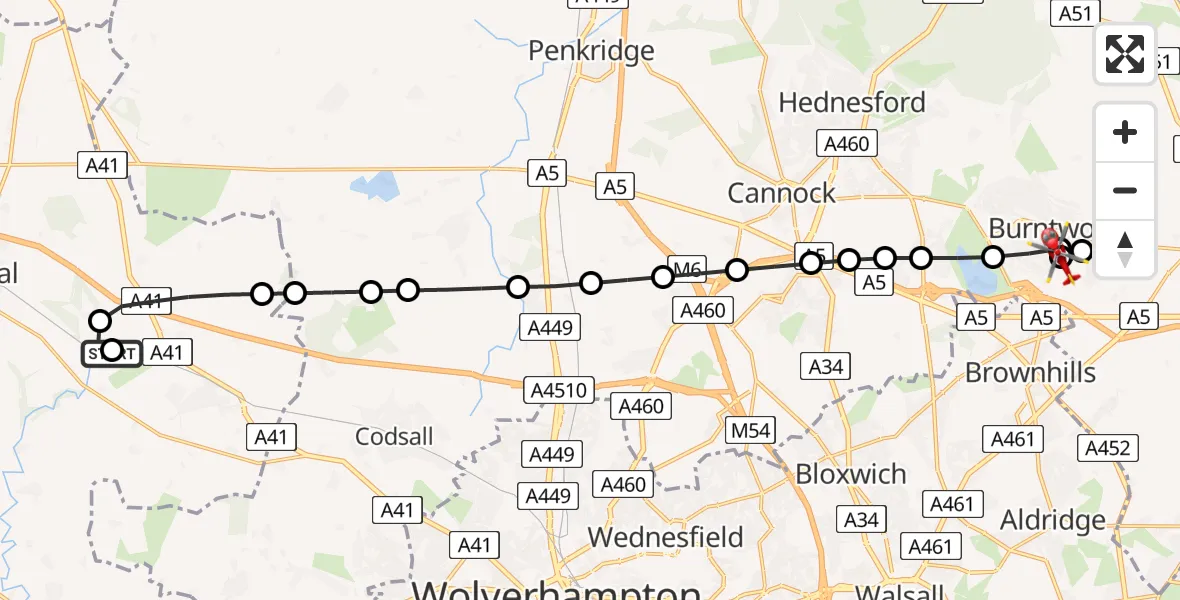 Flight route Air Ambulance Helicopter RAF Cosford - Hammerwich, 17 June 2026, 15:15