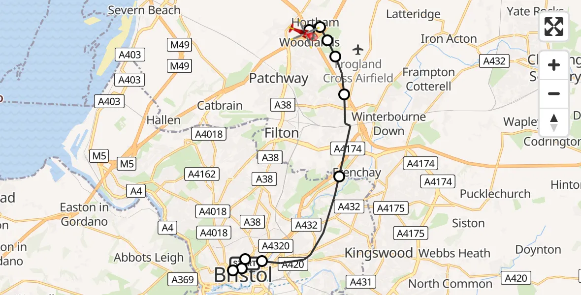 Flight route Air Ambulance Helicopter Bristol Royal Infirmary - Almondsbury Helicopter Base, 17 June 2026, 15:18