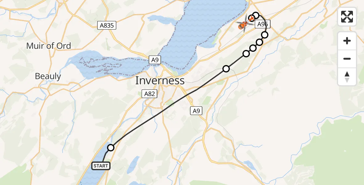Flight route Coastguard Helicopter Loch Ness - Inverness Airport, 17 June 2026, 15:27