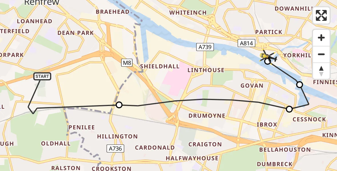 Flight route Police Helicopter Renfrew - Glasgow, 17 June 2026, 15:27