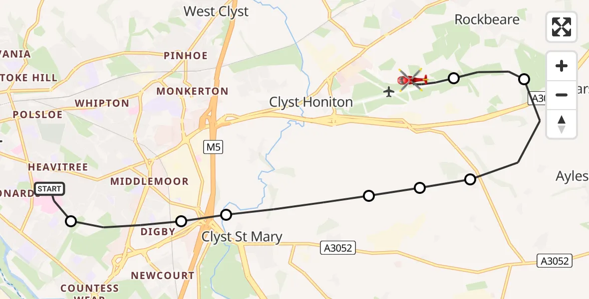 Flight route Air Ambulance Helicopter Royal Devon & Exeter Hospital - Exeter International Airport, 17 June 2026, 15:36