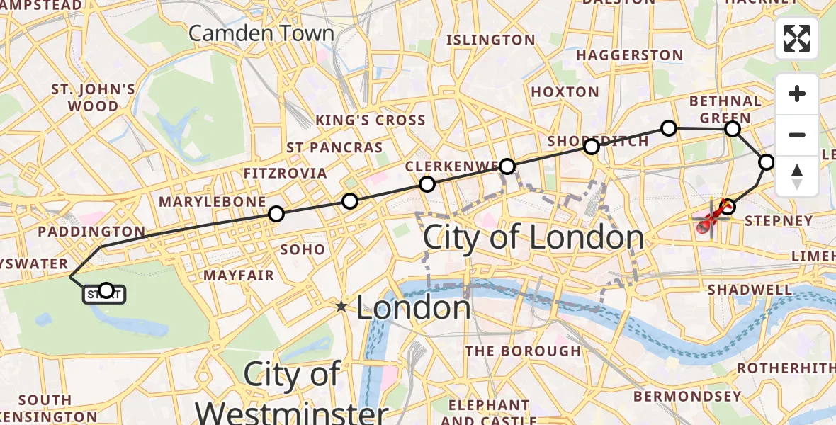 Flight route Air Ambulance Helicopter City of Westminster - Royal London Hospital, 17 June 2026, 15:45