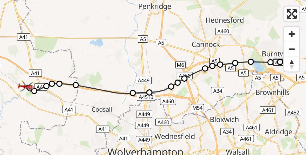 Flight route Air Ambulance Helicopter Hammerwich - Cosford, 17 June 2026, 16:06