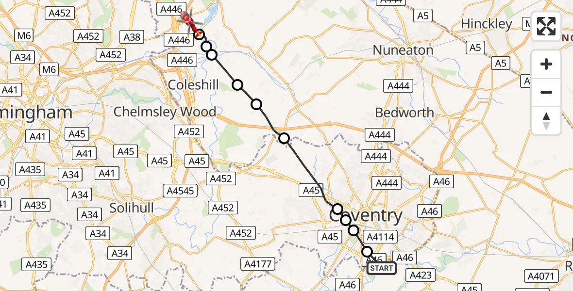 Flight route Air Ambulance Helicopter Coventry Airport - Lea Marston, 17 June 2026, 16:28