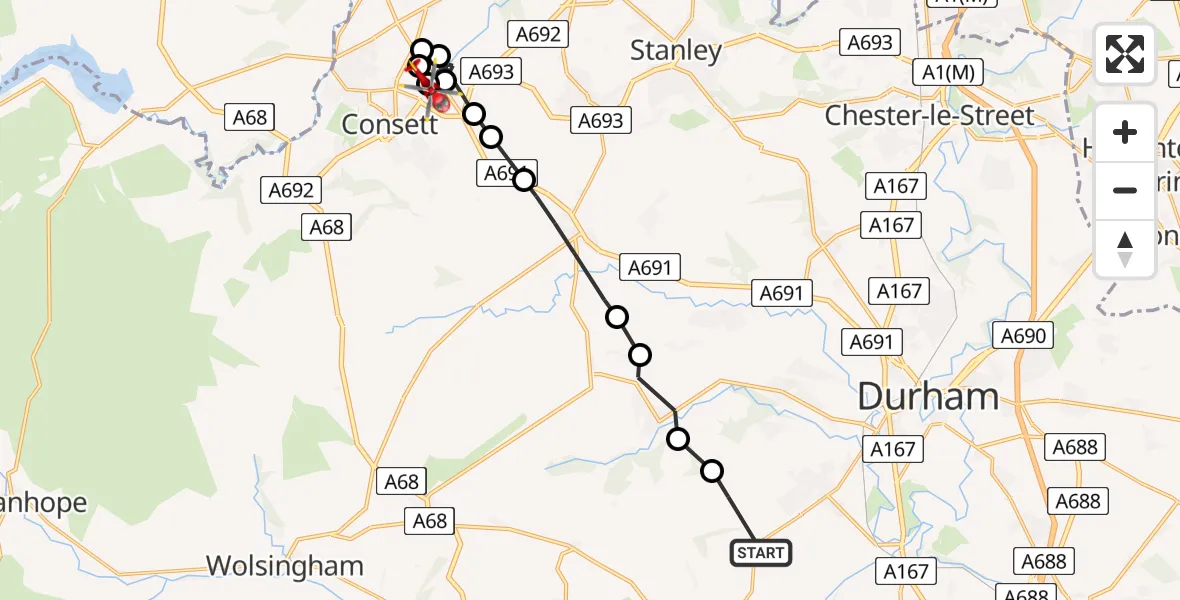 Flight route Air Ambulance Helicopter Brancepeth - Consett, 17 June 2026, 16:45