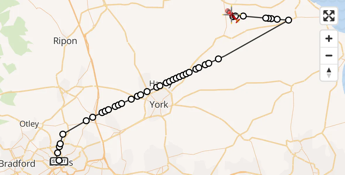 Flight route Air Ambulance Helicopter Woodhouse - Thornton-le-Dale, 17 June 2026, 16:53