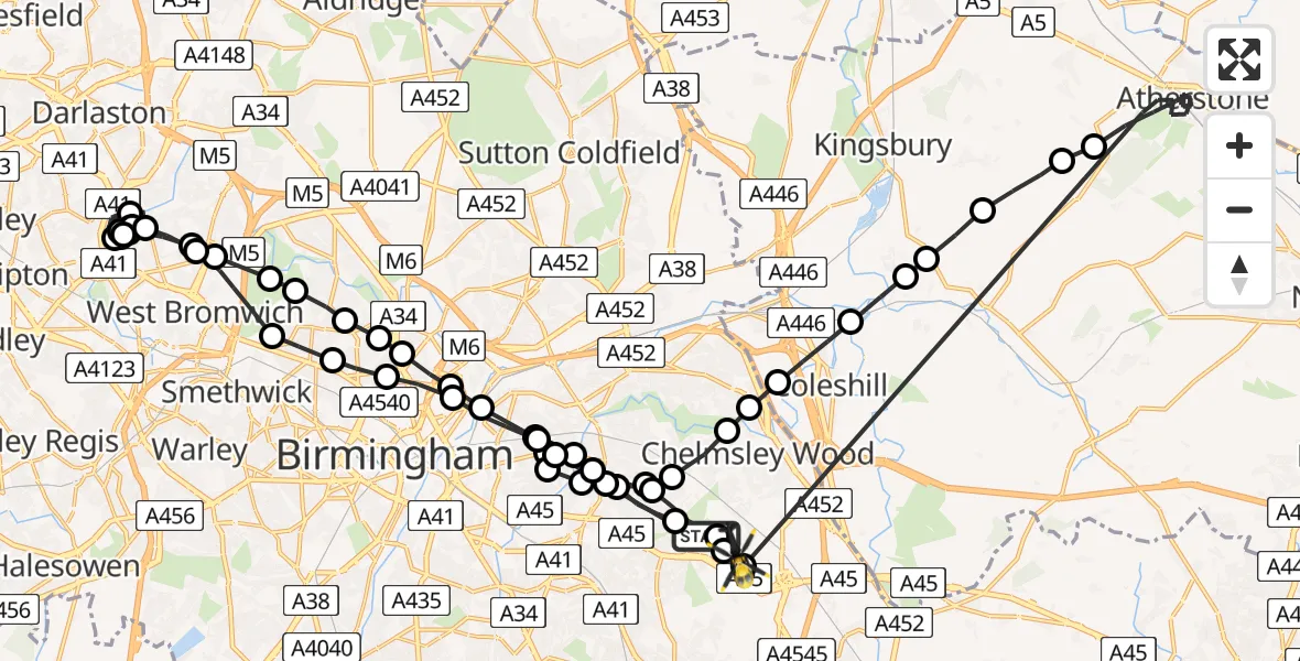 Flight route Police Helicopter Birmingham Airport - Birmingham Airport, 17 June 2026, 16:58