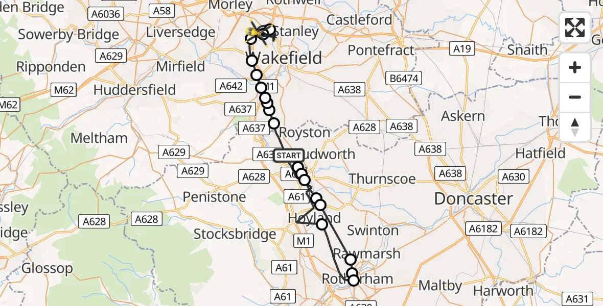 Flight route Police Helicopter Barnsley - East Ardsley, 17 June 2026, 17:17