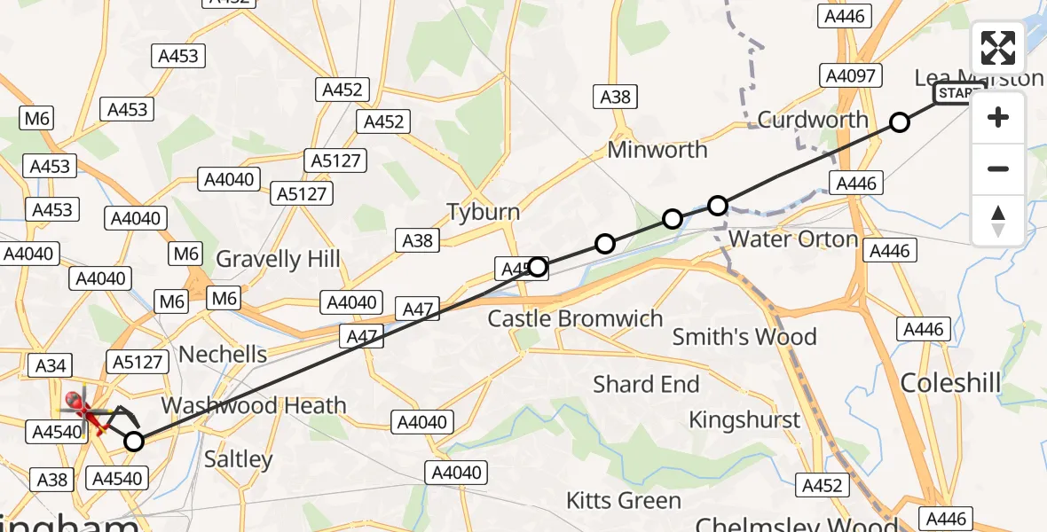 Flight route Air Ambulance Helicopter Lea Marston - Vauxhall, 17 June 2026, 17:16