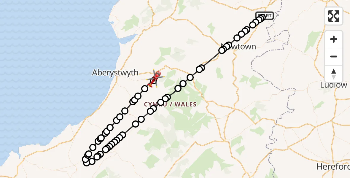 Flight route Air Ambulance Helicopter Welshpool Airport - Blaenrheidol, 17 June 2026, 17:31