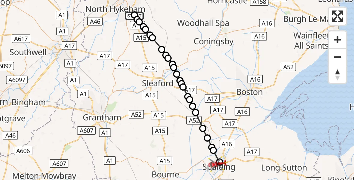 Flight route Air Ambulance Helicopter RAF Waddington - Spalding, 17 June 2026, 18:18