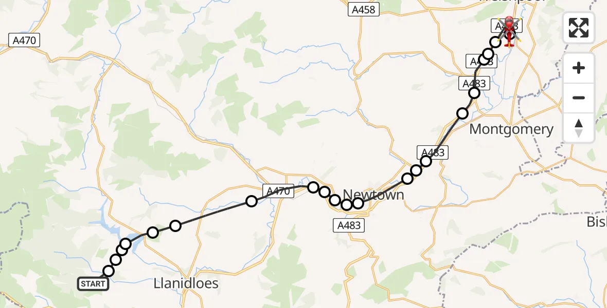 Flight route Air Ambulance Helicopter Llangurig - Welshpool Airport, 17 June 2026, 18:18