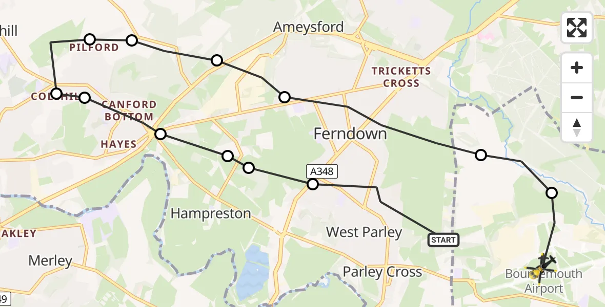 Flight route Police Helicopter Parley Cross - Bournemouth Airport, 17 June 2026, 18:25