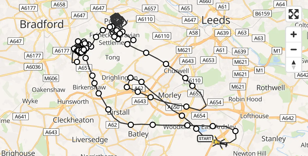 Flight route Police Helicopter East Ardsley - East Ardsley, 17 June 2026, 18:33