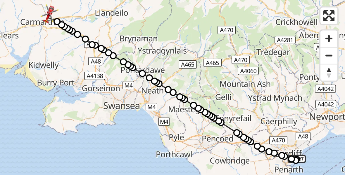 Flight route Air Ambulance Helicopter Cardiff Heliport - Peniel, 17 June 2026, 18:33
