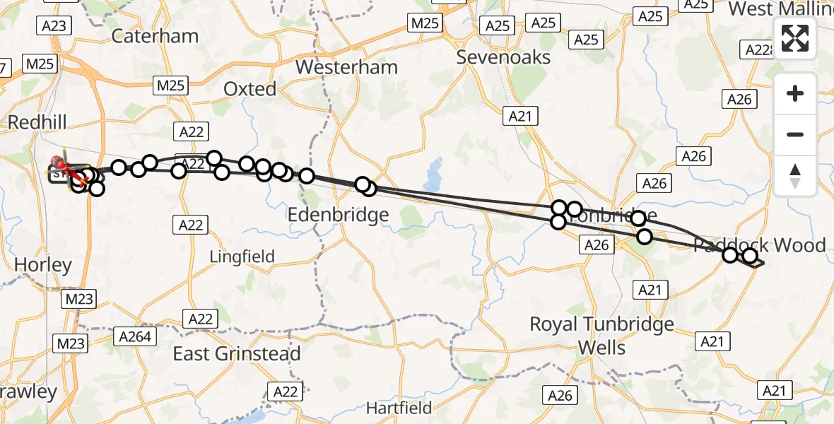 Flight route Air Ambulance Helicopter Redhill Aerodrome - Redhill Aerodrome, 17 June 2026, 18:48