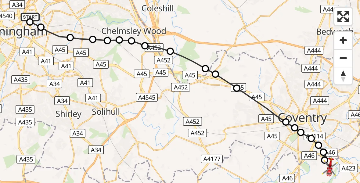 Flight route Air Ambulance Helicopter Nechells - Warwick, 17 June 2026, 19:05