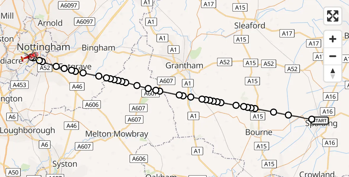 Flight route Air Ambulance Helicopter Spalding - Beeston, 17 June 2026, 19:24