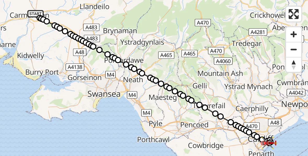 Flight route Air Ambulance Helicopter Abergwili - Cardiff Heliport, 17 June 2026, 19:25