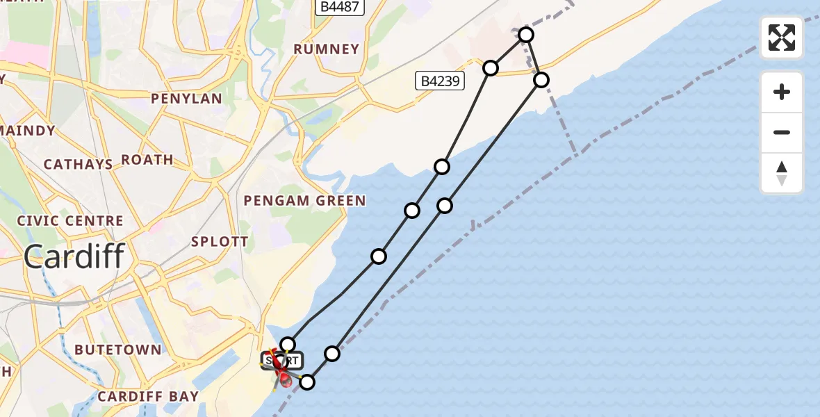 Flight route Air Ambulance Helicopter Cardiff Heliport - Cardiff Heliport, 17 June 2026, 19:53