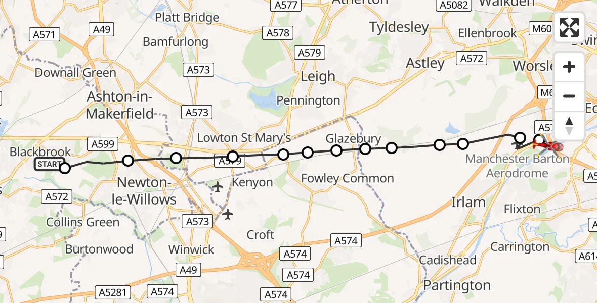 Flight route Air Ambulance Helicopter St Helens - Worsley, 17 June 2026, 20:11