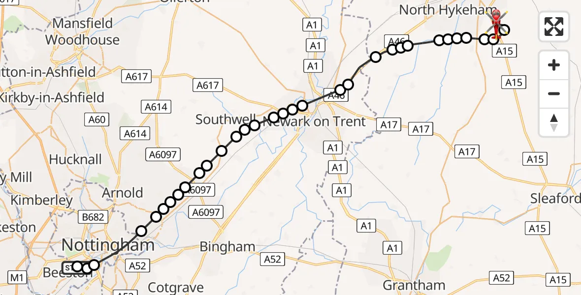 Flight route Air Ambulance Helicopter City of Nottingham - North Kesteven, 17 June 2026, 20:30