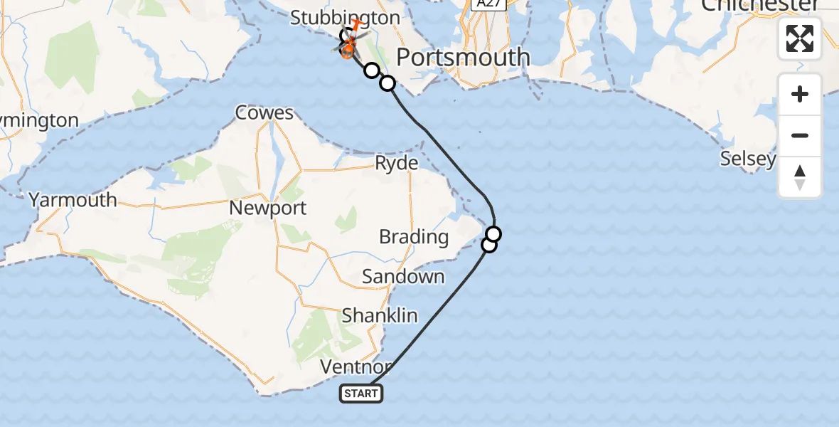 Flight route Coastguard Helicopter English Channel - Solent Airport, 17 June 2026, 21:50