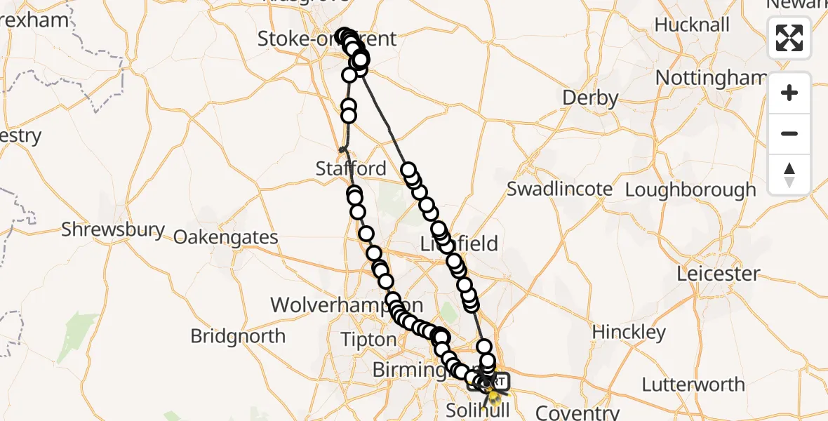 Flight route Police Helicopter Birmingham Airport - Birmingham Airport, 17 June 2026, 22:24