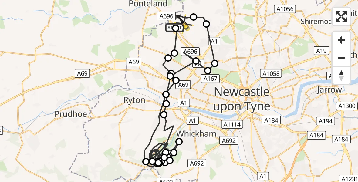 Flight route Police Helicopter Newcastle International Airport - Newcastle International Airport, 17 June 2026, 23:22