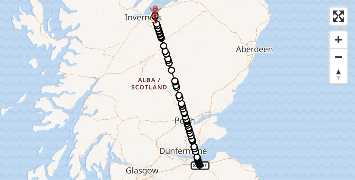 Flight route Air Ambulance Helicopter RIE Rooftop - Newlands of Culloden, 18 June 2026, 00:19