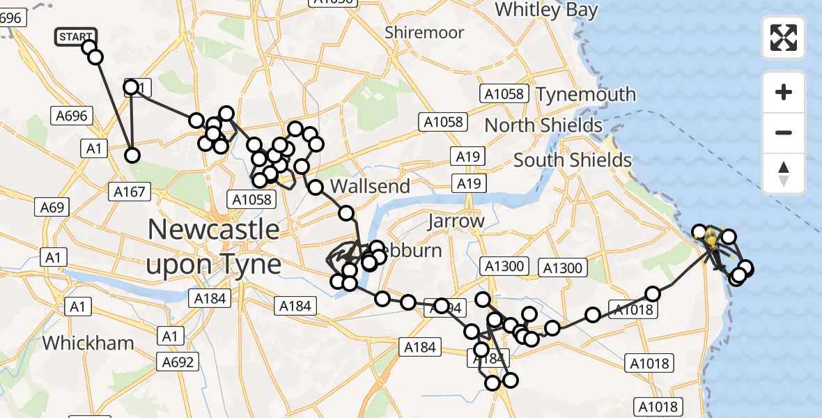 Flight route Police Helicopter Newcastle International Airport - Whitburn, 18 June 2026, 00:36
