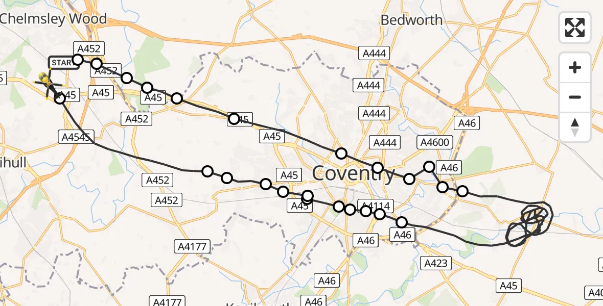 Flight route Police Helicopter Solihull - Birmingham Airport, 18 June 2026, 00:55