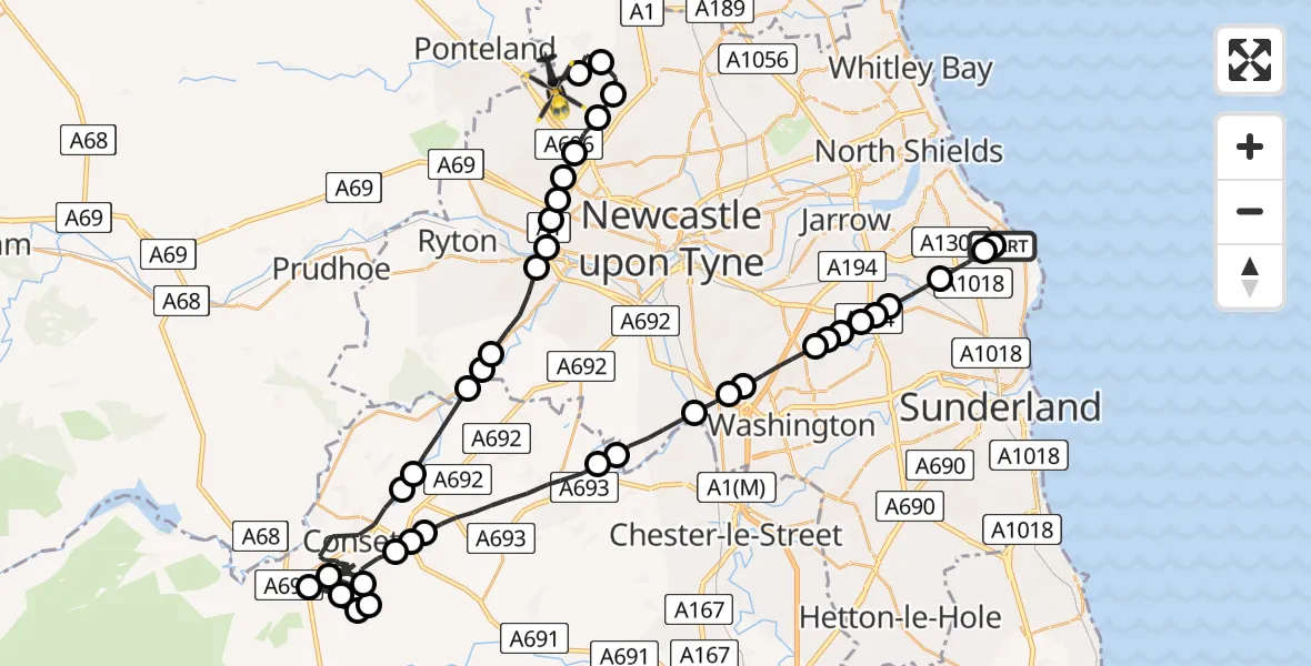 Flight route Police Helicopter Whitburn - Newcastle International Airport, 18 June 2026, 01:31
