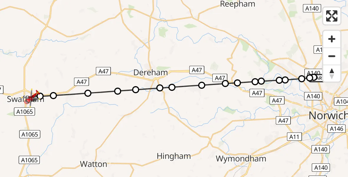 Flight route Air Ambulance Helicopter Norwich Airport - Swaffham, 18 June 2026, 02:38
