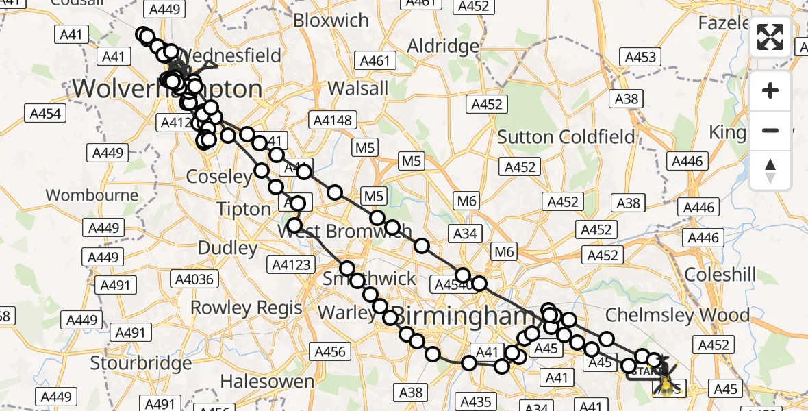 Flight route Police Helicopter Birmingham Airport - Birmingham Airport, 18 June 2026, 03:16