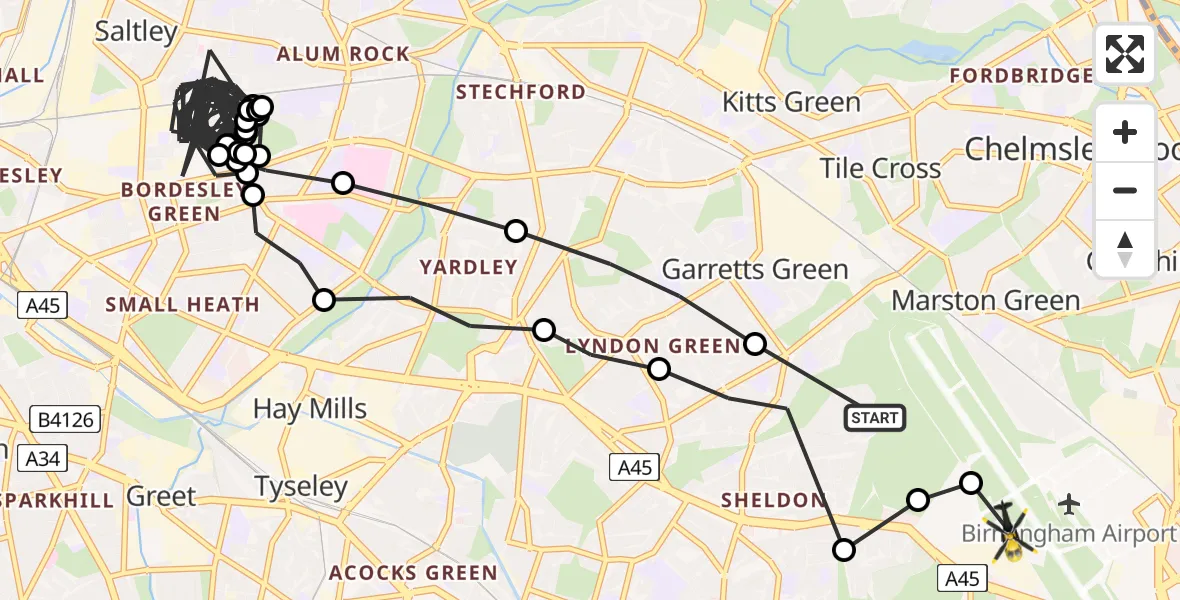 Flight route Police Helicopter Birmingham Airport - Birmingham Airport, 18 June 2026, 04:48