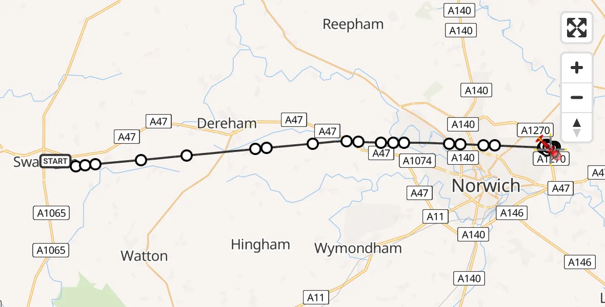 Flight route Air Ambulance Helicopter Swaffham - Little Plumstead, 18 June 2026, 04:57