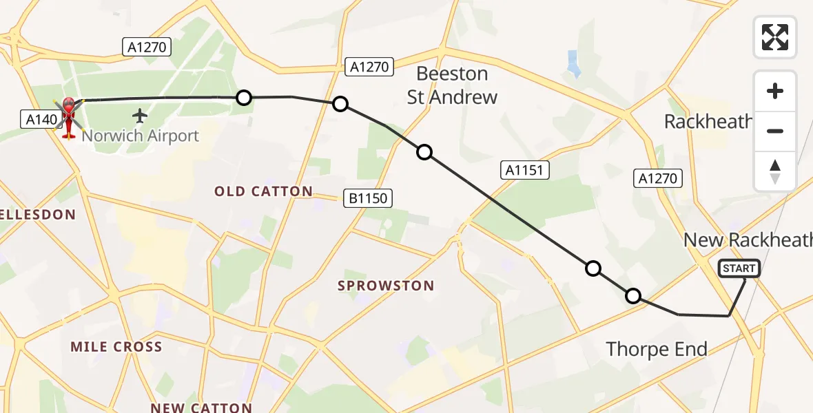 Flight route Air Ambulance Helicopter New Rackheath - Norwich Airport, 18 June 2026, 05:34