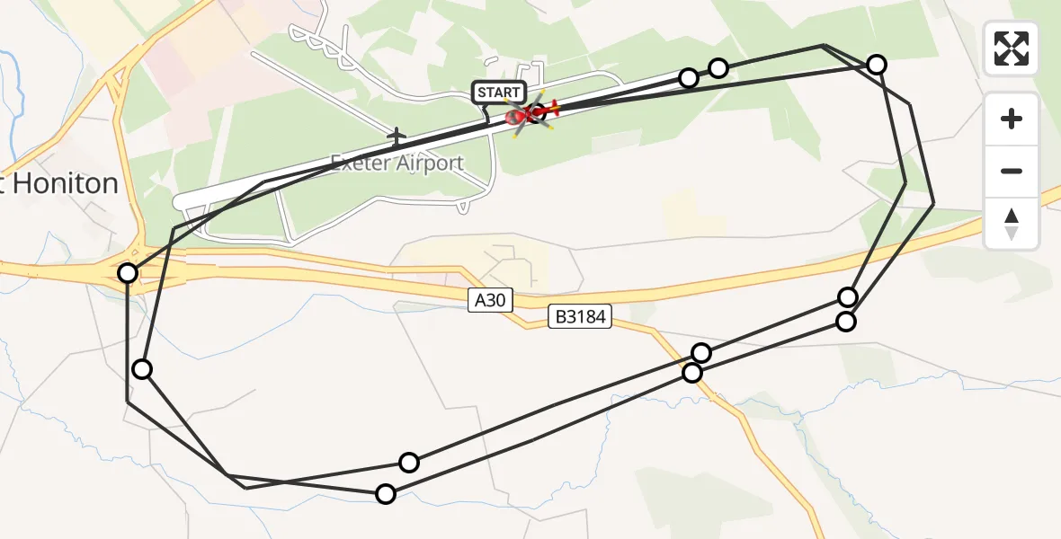 Flight route Air Ambulance Helicopter Exeter International Airport - Exeter International Airport, 18 June 2026, 06:54
