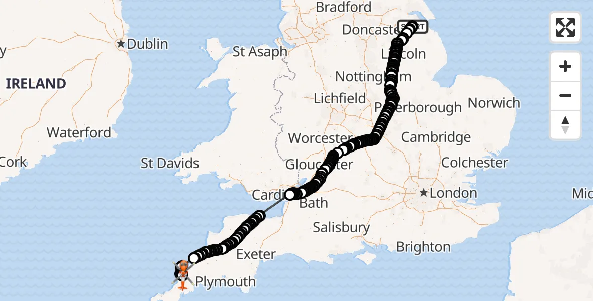 Flight route Coastguard Helicopter Humberside Airport - Cornwall Airport Newquay, 18 June 2026, 07:29