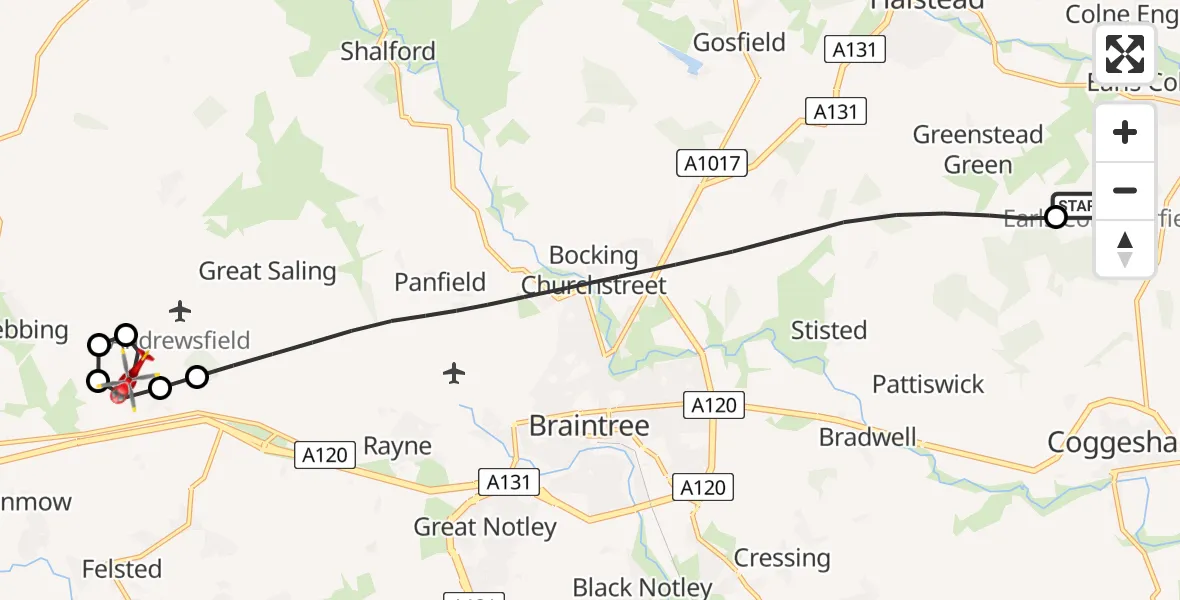 Flight route Air Ambulance Helicopter Earls Colne Airfield - Stebbing, 18 June 2026, 07:38