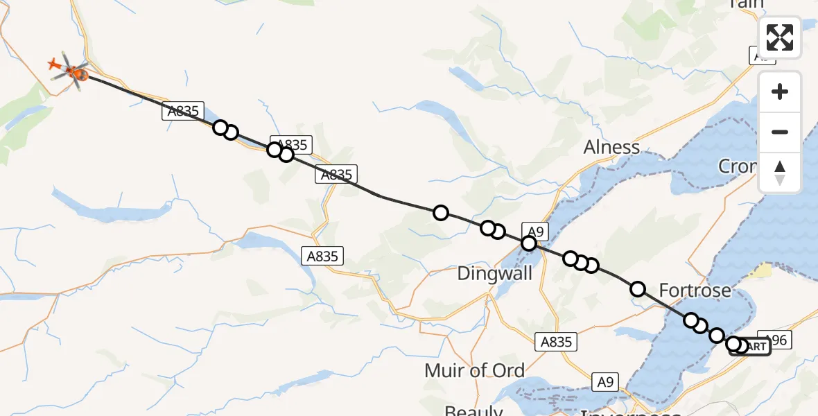 Flight route Coastguard Helicopter Inverness Airport - Highland, 18 June 2026, 08:25