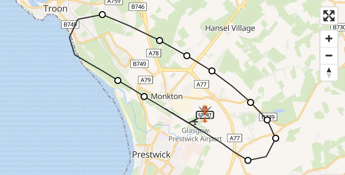 Flight route Coastguard Helicopter Glasgow Prestwick Airport - Glasgow Prestwick Airport, 18 June 2026, 08:27