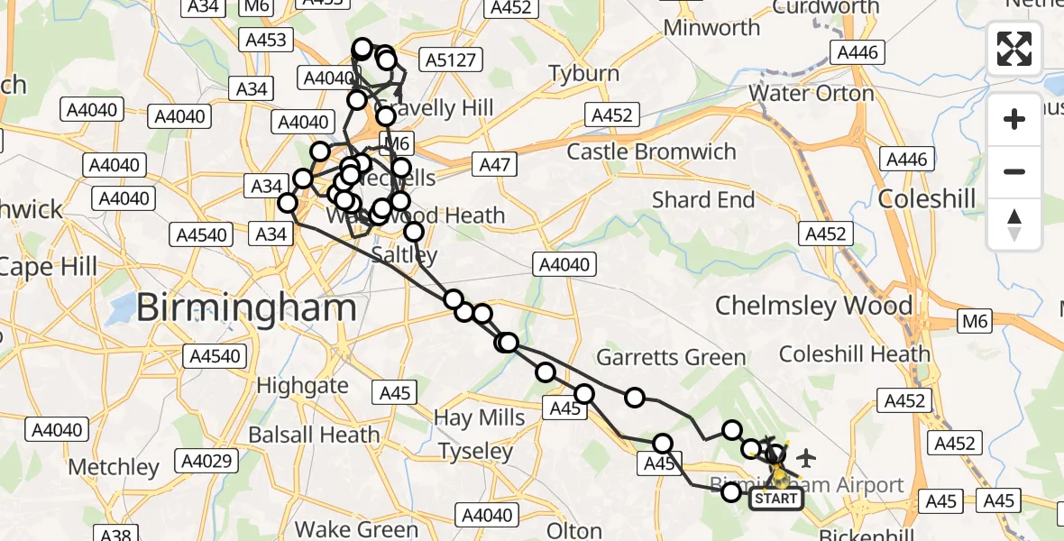 Flight route Police Helicopter Birmingham Airport - Birmingham Airport, 18 June 2026, 08:32