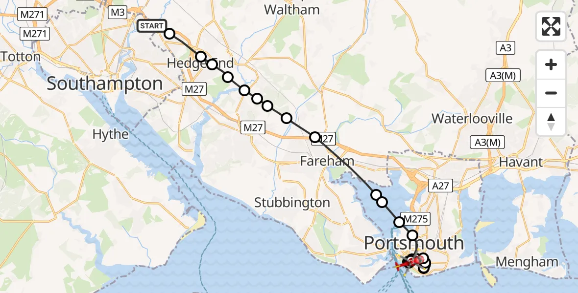 Flight route Air Ambulance Helicopter Southampton Airport - Old Portsmouth, 18 June 2026, 09:10
