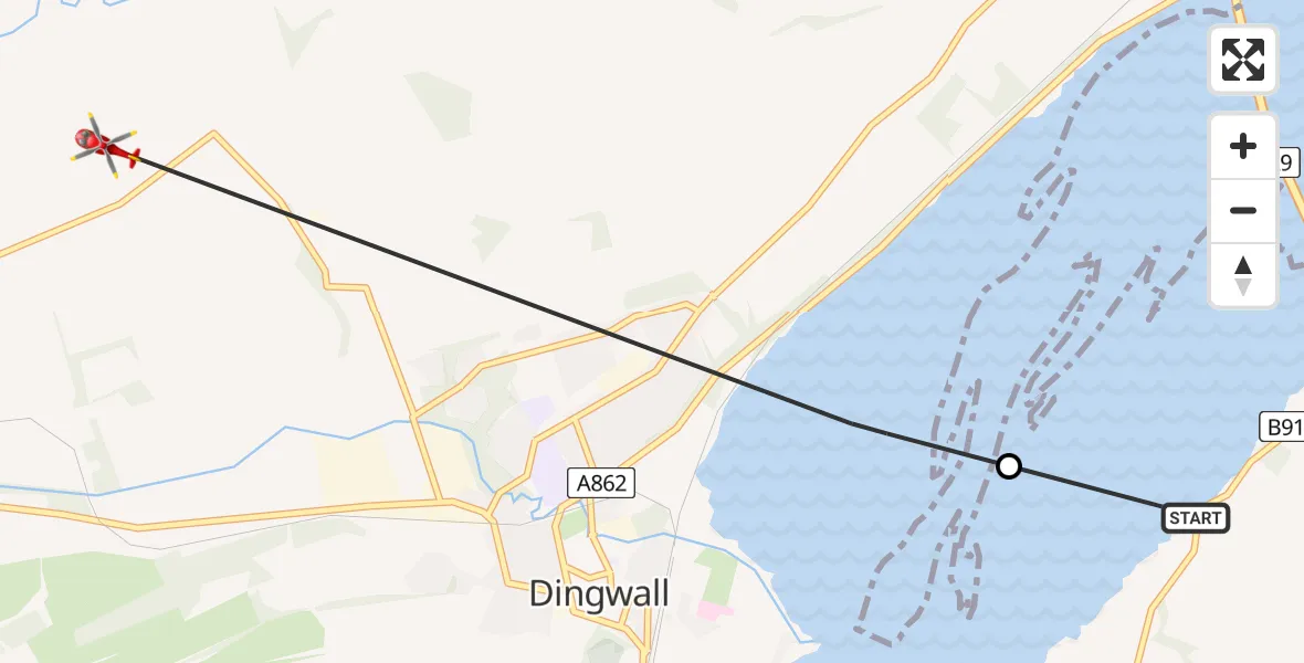 Flight route Air Ambulance Helicopter Culbokie - Dingwall, 18 June 2026, 09:13