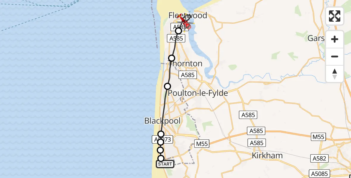 Flight route Air Ambulance Helicopter Blackpool Airport - Fleetwood, 18 June 2026, 09:27